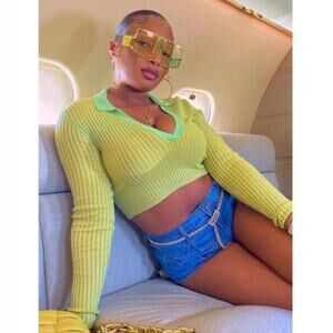 437 Gaia Polo Sour Tang Ribbed Knit Ultra Cropped Celeb Style Sporty SZ M